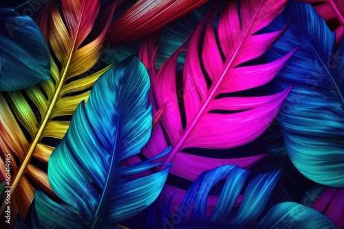 fluorescent color tropical leaves. creative background