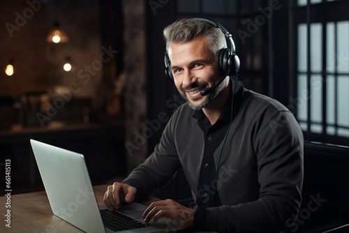Men Call Center Operator Smiling and looking at camera