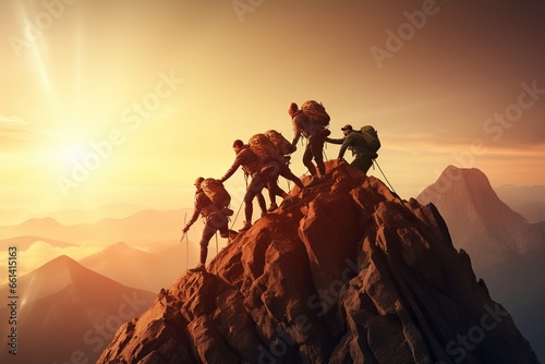 Hikers Helping Each Other On Mountain Sunset Background