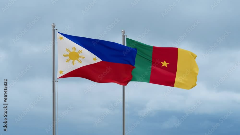 Cameroon flag and Philippines flag waving together on cloudy sky, endless seamless loop, two country relations concept Cameroon flag and Philippines flag waving together on cloudy sky, endless seamless loop, two country relations concept