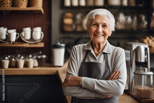 Portrait of happy woman standing at doorway of his store. Cheerful mature waitress waiting for clients at coffee shop. Successful small business owner in casual wearing grey apron