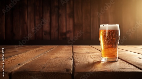a beer glass on a wooden table.