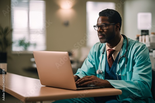The doctor sits in the workplace and works in a laptop in a medical center.
