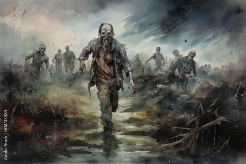 A horde of watercolor-infused zombies stumbling through a post-apocalyptic landscape, creating a unique and spooky scene. Generative Ai