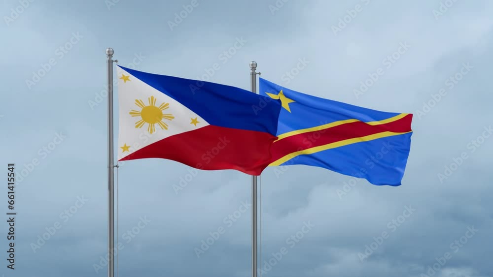 Democratic Republic of the Congo flag and Philippines flag waving together on cloudy sky, endless seamless loop, two country relations concept