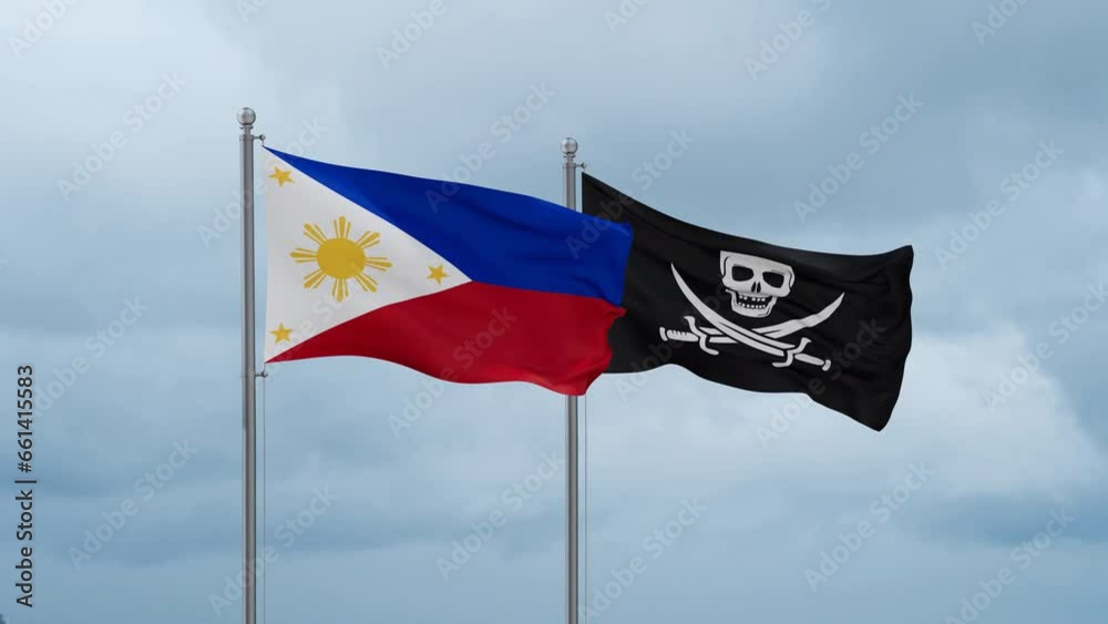 Philippines flag and Corsair flag waving together on cloudy sky, endless seamless loop Philippines flag and Corsair flag waving together on cloudy sky, endless seamless loop