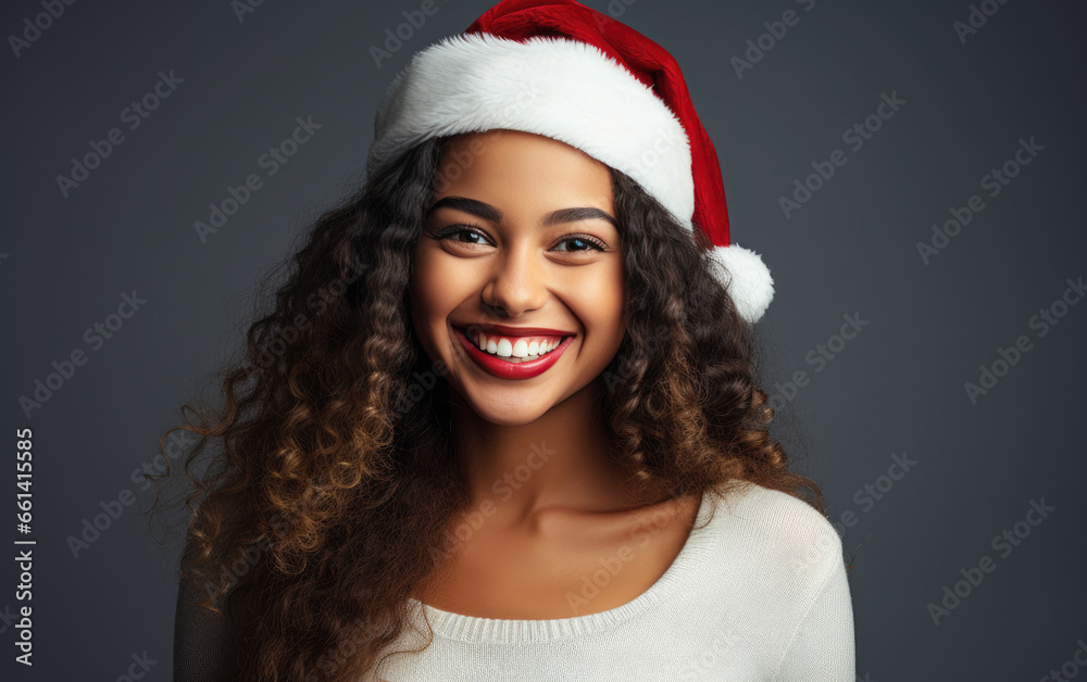 Laughing beauty girl wearing Santa red hat and color clothes celebrating Christmas on solid color background. Laughing beauty girl wearing Santa red hat and color clothes celebrating Christmas on solid color background.