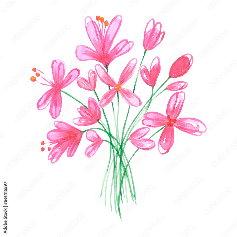 Hand drawn watercolor abstract pink flowers bouquet isolated on white background. Can be used for cards, patterns, label.