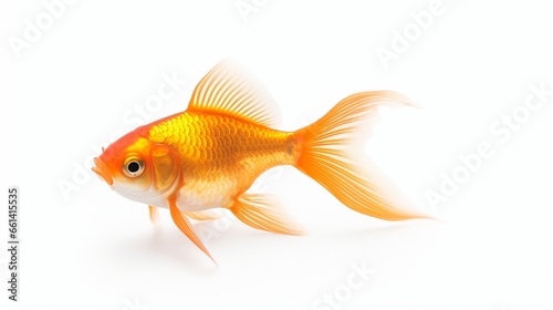 Isolated gold fish on a white backdrop.