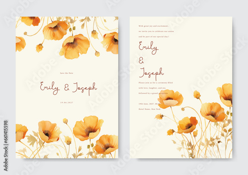 Wedding invitations in romantic style. Vector beautiful watercolor yellow poppy flowers for elegant modern greeting cards.