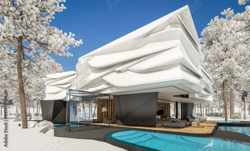 3d rendering of cute cozy modern house with bionic natural curves plastic forms with parking and pool for sale or rent with beautiful landscape. Cool winter day with shiny white snow