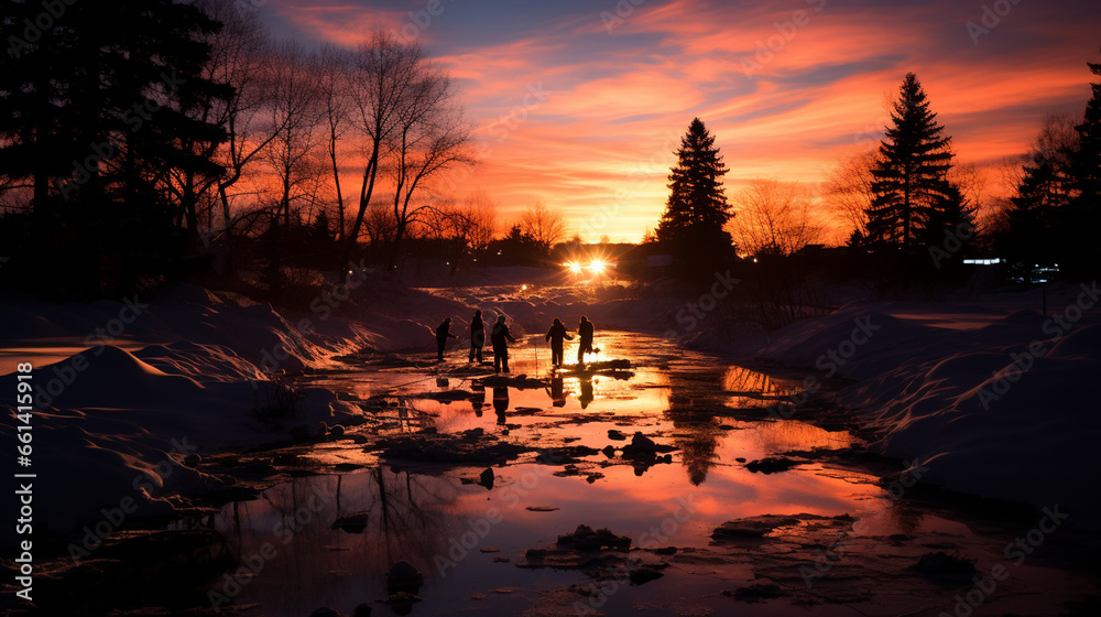 A group of friends playing a lively game of pond hockey on a frozen, moonlit evening