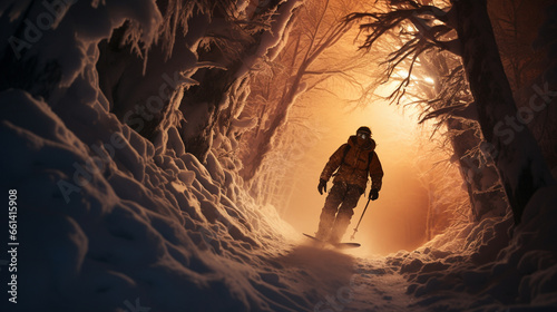 A snowboarder riding through a magical, snow-covered forest with the soft, diffused light of winter