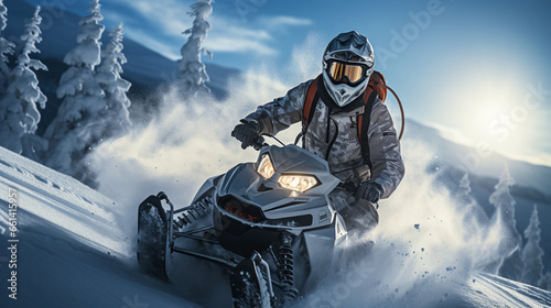 A snowmobiler carving a trail through a pristine winter wonderland, leaving a rooster tail of snow in their wake