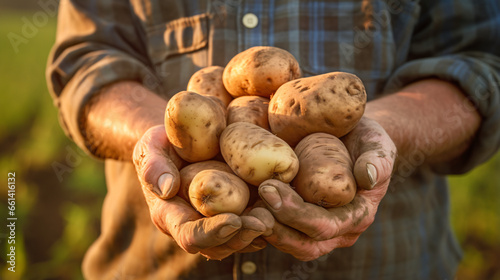 Farmer is holding potatoes in his hands
