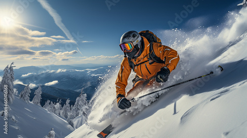 A seasoned downhill skier executing a precise slalom course on a beautiful, sunlit mountain slope