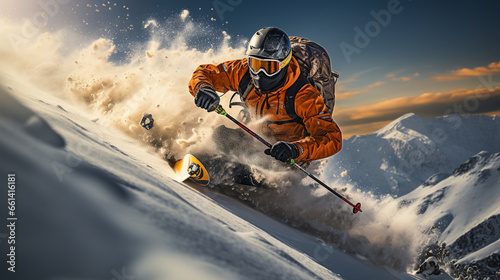 A seasoned downhill skier executing a precise slalom course on a beautiful, sunlit mountain slope