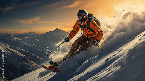A seasoned downhill skier executing a precise slalom course on a beautiful, sunlit mountain slope © Наталья Евтехова
