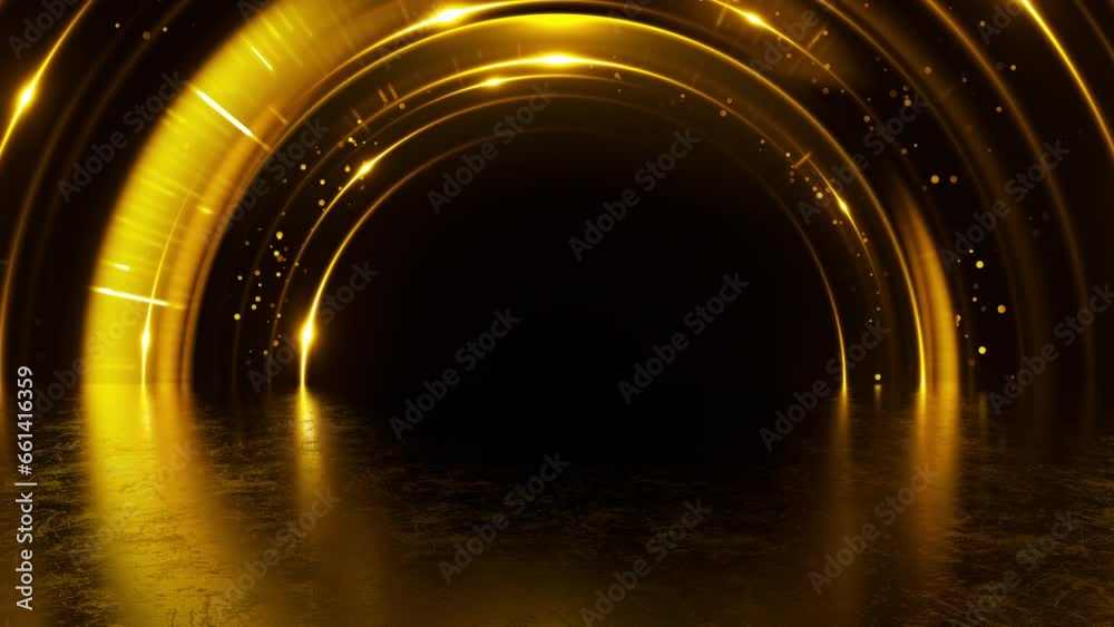 Award abstract background with shiny golden particles and lights. Bright celebration motion template with glowing effect neon flares and sparkles for winner concept. Seamless loop.