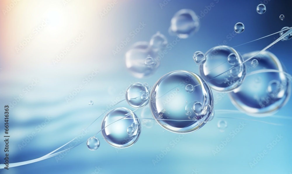 Cosmetic Essence, Liquid bubble, Molecule inside Liquid Bubble on water background, 3d rendering, Generative AI