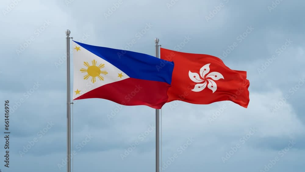 Hong Kong flag and Philippines flag waving together on cloudy sky, endless seamless loop, two country relations concept Hong Kong flag and Philippines flag waving together on cloudy sky, endless seamless loop, two country relations concept