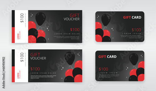 Gift voucher or gift card templates with a design of black and red balloons. Can be utilized as regular or e-gift card. Suitable for black friday, seasonal or any other kind of sales promotion