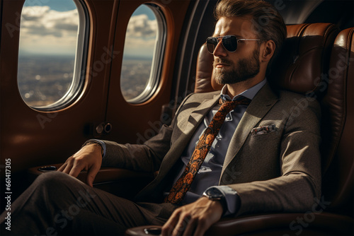 A businessman flies in business class or his private jet. Business and transport concept photo