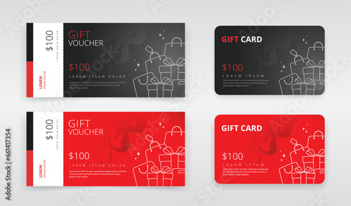Gift voucher or gift card templates with a design of shopping bags and gift boxes. Can be utilized as regular or e-gift card. Suitable for black friday, seasonal or any other kind of sales promotion photo