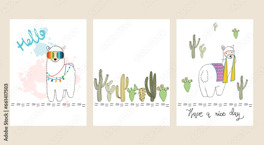 Fototapeta premium Hand drawn posters with cartoon cute llama and cacti.
