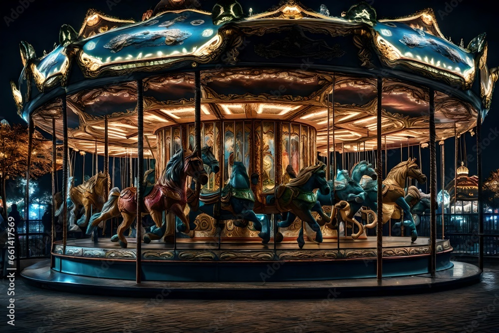 Carousel Merry-go-round in amusement park at a night cityCarousel Merry-go-round in amusement park at a night city    Intricately designed magical carousel with fantasy creatures Creating using, Carou
