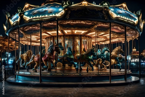 Carousel Merry-go-round in amusement park at a night cityCarousel Merry-go-round in amusement park at a night city    Intricately designed magical carousel with fantasy creatures Creating using, Carou © usman