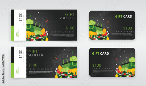 Gift voucher or gift card templates that can be utilized as regular or e-gift card. Suitable for black friday, seasonal or any other kind of sales promotion in a supermarket or grocery store