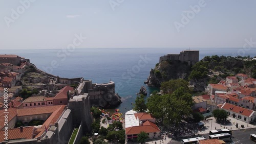 Aerial: Kolorina bay, Fort Bokar, and Fort Lovrijenac in Dubrovnik, Croatia photo