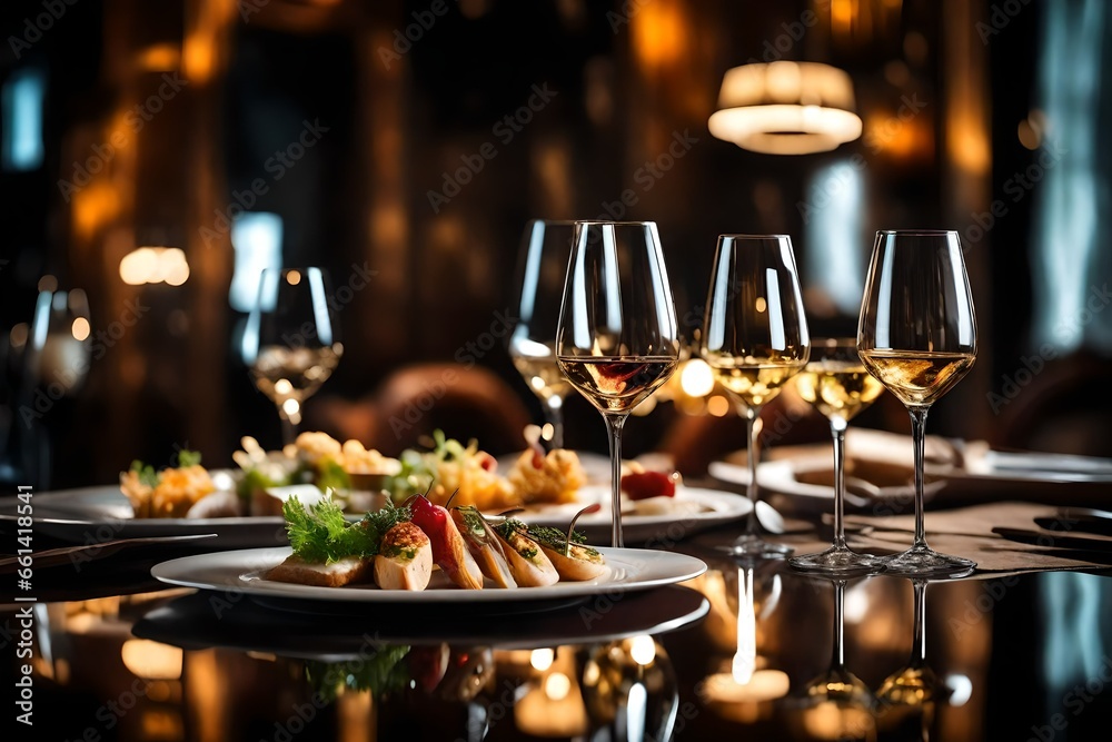 Elegant and select restaurant table Wine Glass and appetizers, on the bar table Soft light and romantic atmosphere dinner wedding service menue