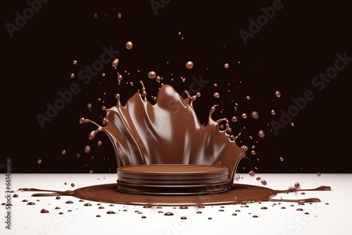 Chocolate splash with podium, mockup background for milk product display, 3d rendering, Generative AI