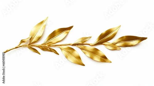 Macro close up of a golden olive branch isolated on a white backdrop. Olive leaves in gold. Symbol of victory and peace.