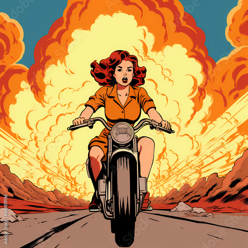 Pop Art Biker Woman in a Motorcycle. Generative AI.