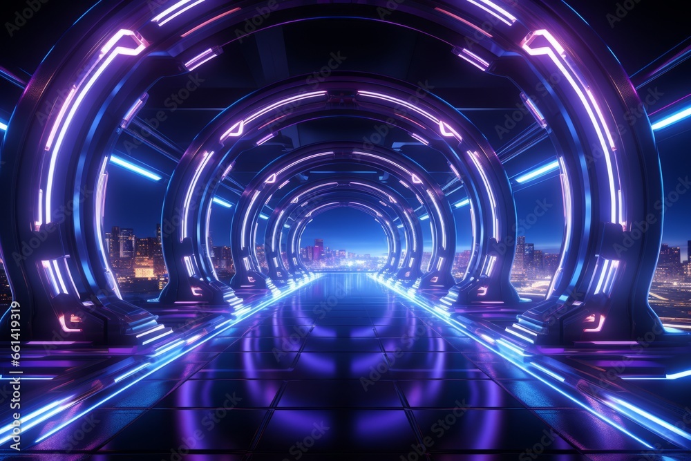 Futuristic sci-fi tunnel with neon lights and a sense of endless depth, Generative AI Futuristic sci-fi tunnel with neon lights and a sense of endless depth, Generative AI