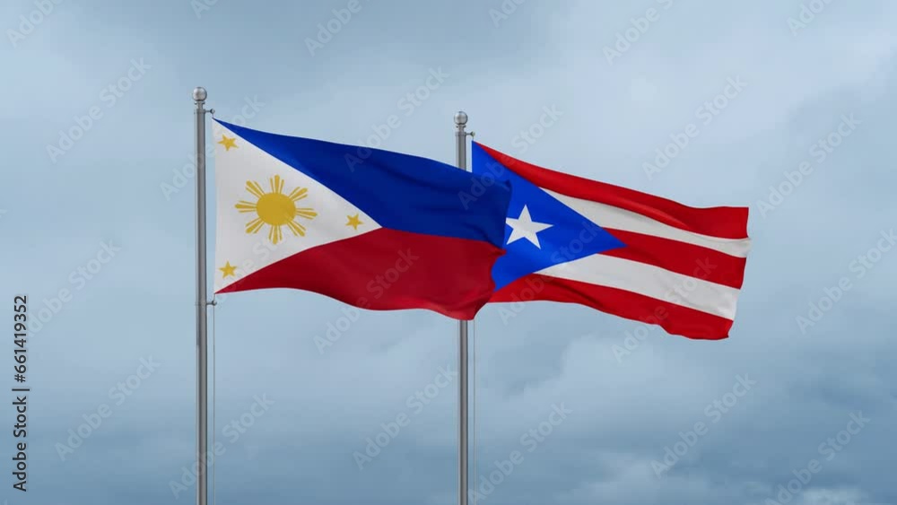 Puerto Rico and Philippines flag waving together on cloudy sky, endless seamless loop, two country cooperation concept Puerto Rico and Philippines flag waving together on cloudy sky, endless seamless loop, two country cooperation concept