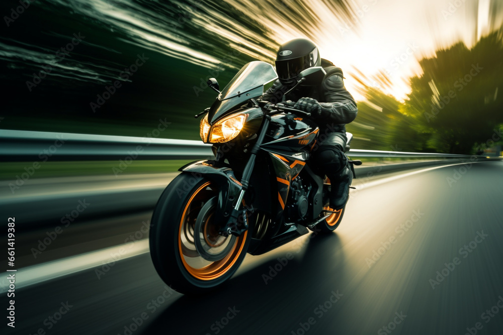 black motorbike rider at high speed along the highway, 3d rendering , AI generative  