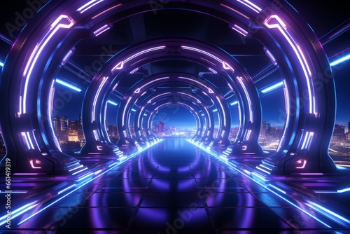  Futuristic sci-fi tunnel with neon lights and a sense of endless depth, Generative AI