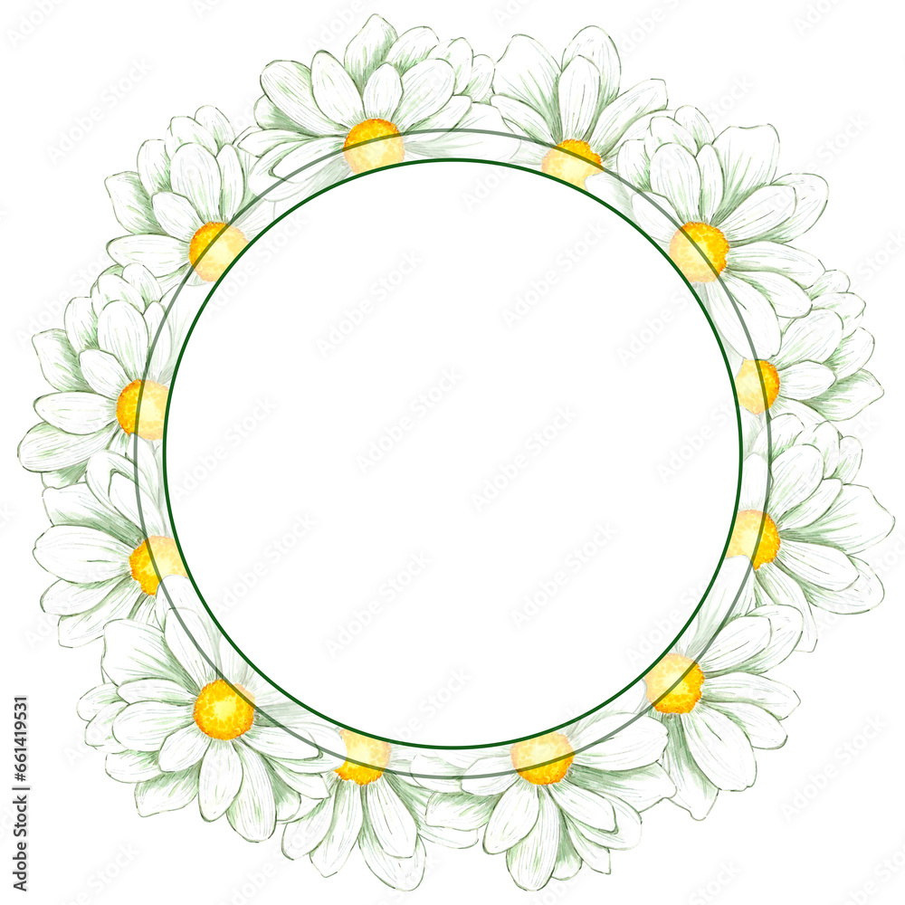 Hand drawn watercolor chamomile frame isolated on white background. Can be used for print, postcard, poster, decoration and other printed products. Hand drawn watercolor chamomile frame isolated on white background. Can be used for print, postcard, poster, decoration and other printed products.