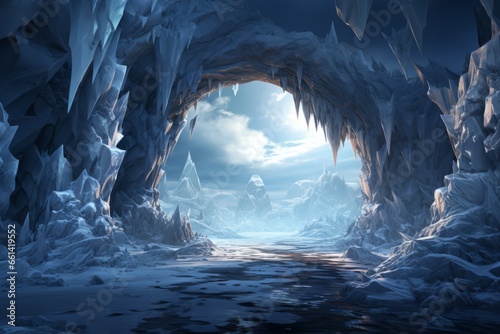 Otherworldly ice cave tunnel with intricate ice formations and a chilly ambiance, Generative AI photo