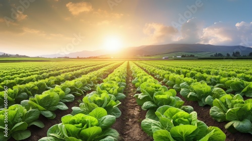 Cultivated field of lettuce growing in rows along the contour line in sunset at Kent  Washington State  USA. Agricultural composition. Panoramic style.