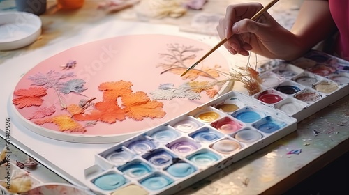 Artist painting palette with pastel acrilic colors. Craft hobby background. Recomforting, destressing hobby, art therapy