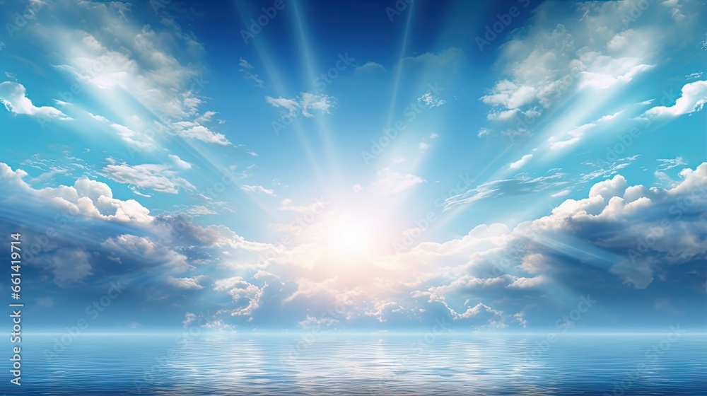 Peaceful heavenly background - light from heaven, bright sunlight with reflection in sea