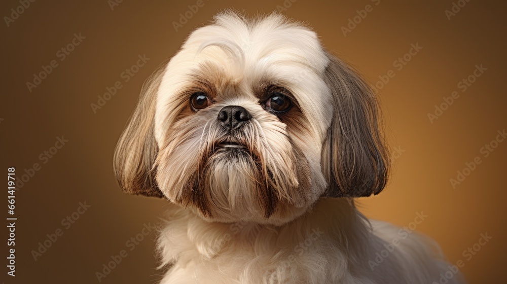 close short-haired shihtzu dog with beige coat on brown background. front view. pet. grooming shihtzu. look of dogs close short-haired shihtzu dog with beige coat on brown background. front view. pet. grooming shihtzu. look of dogs