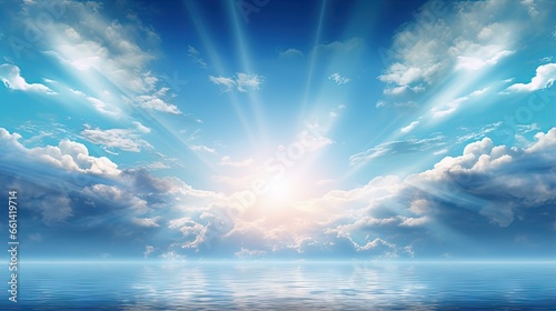 Peaceful heavenly background - light from heaven, bright sunlight with reflection in sea