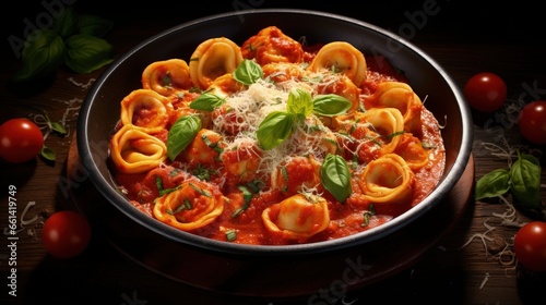 Delicious tortellini with meat in tomato sauce, sprinkled with parmesan cheese and basil. Top view.