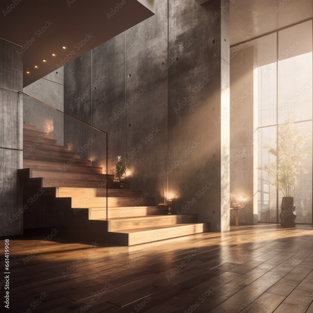 A mysterious fog envelops the symmetrical stairs in the dimly lit room, adding to the haunting beauty of the architectural masterpiece